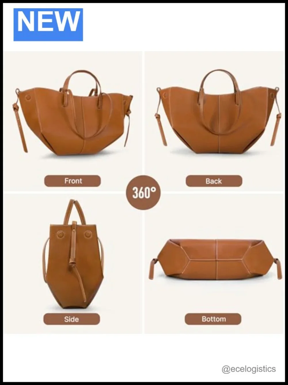 Premium Cowhide Leather Wing Bucket Tote Bag with Adjustable Shoulder Strap